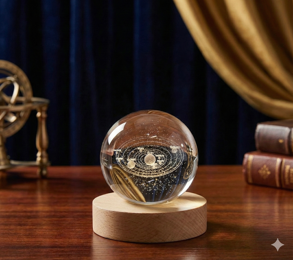 Premium Galaxy Crystal Ball Night Light - 3D Solar System Planet Model with Warm Light Wooden Stand - Unique Birthday & Corporate Gift