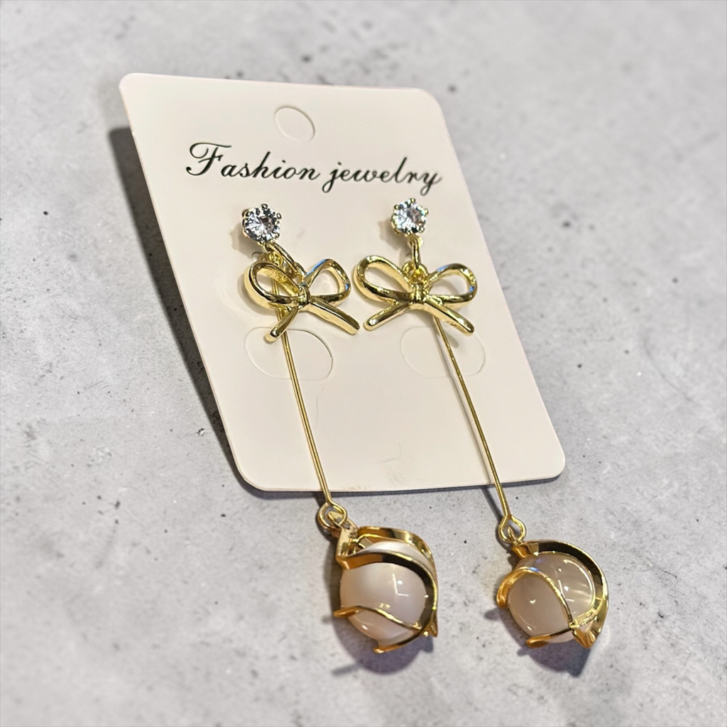 Elegant Ribbon Bow Pearl Dangle Earrings - Long Linear Gold-Toned Earrings