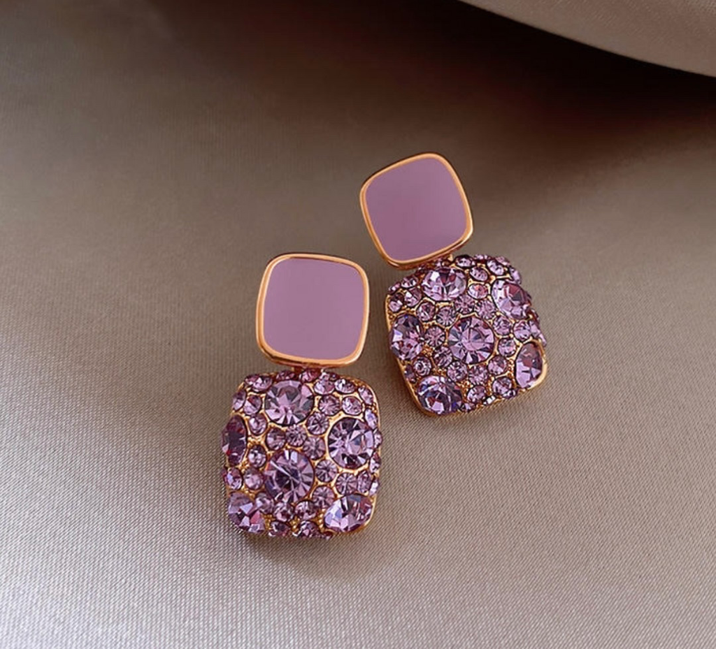 Elegant Gold-Plated Purple Stone Geometric Dangle Earrings - Festive & Party Wear