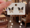 Korean Style Crystal Butterfly Dangle Earrings - Pearl Drop Long Chain Earrings