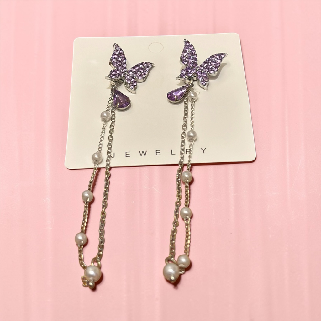 Elegant Silver-Plated Purple Butterfly Dangle Earrings - Long Pearl Chain Tassels for Women