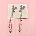Elegant Silver-Plated Purple Butterfly Dangle Earrings - Long Pearl Chain Tassels for Women