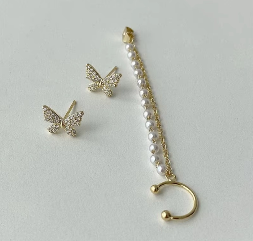 Korean Style Butterfly Earrings Set - Gold Pearl Tassel Ear Cuff & Studs for Women