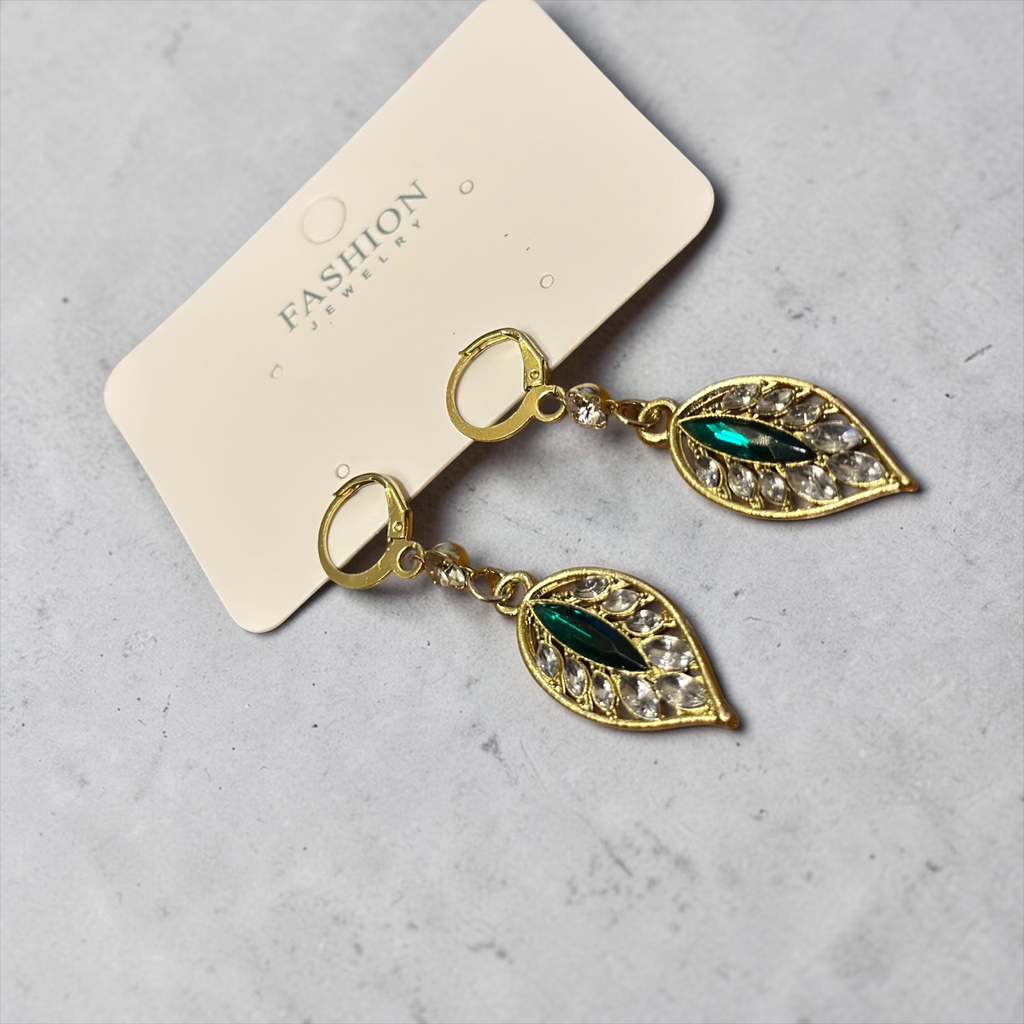 Gold-Plated Marquise Cut Green Stone Dangle Earrings - Festive & Wedding Wear