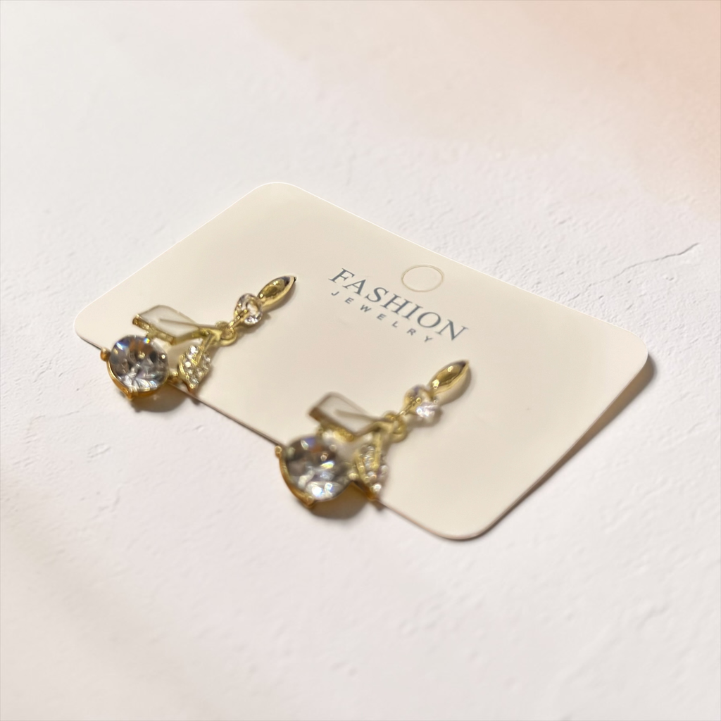 Monster Gift Shop Gold-Plated White Enamel Leaf Drop Earrings with Large Solitaire Crystal