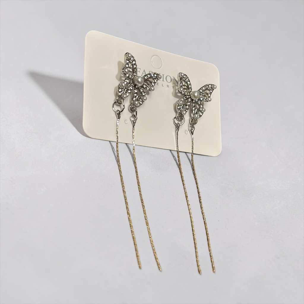 Korean Style Crystal Butterfly Dangle Earrings - Long Drop Pearl Tassel Earrings